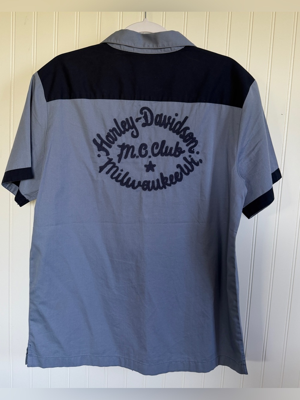 Harley-Davidson Men's Two-Tone Light Blue and Navy‎ SS Button Shirt Milwaukee